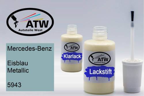 Mercedes-Benz, Eisblau Metallic, 5943: 20ml Lackstift + 20ml Klarlack - Set, von ATW Autoteile West.